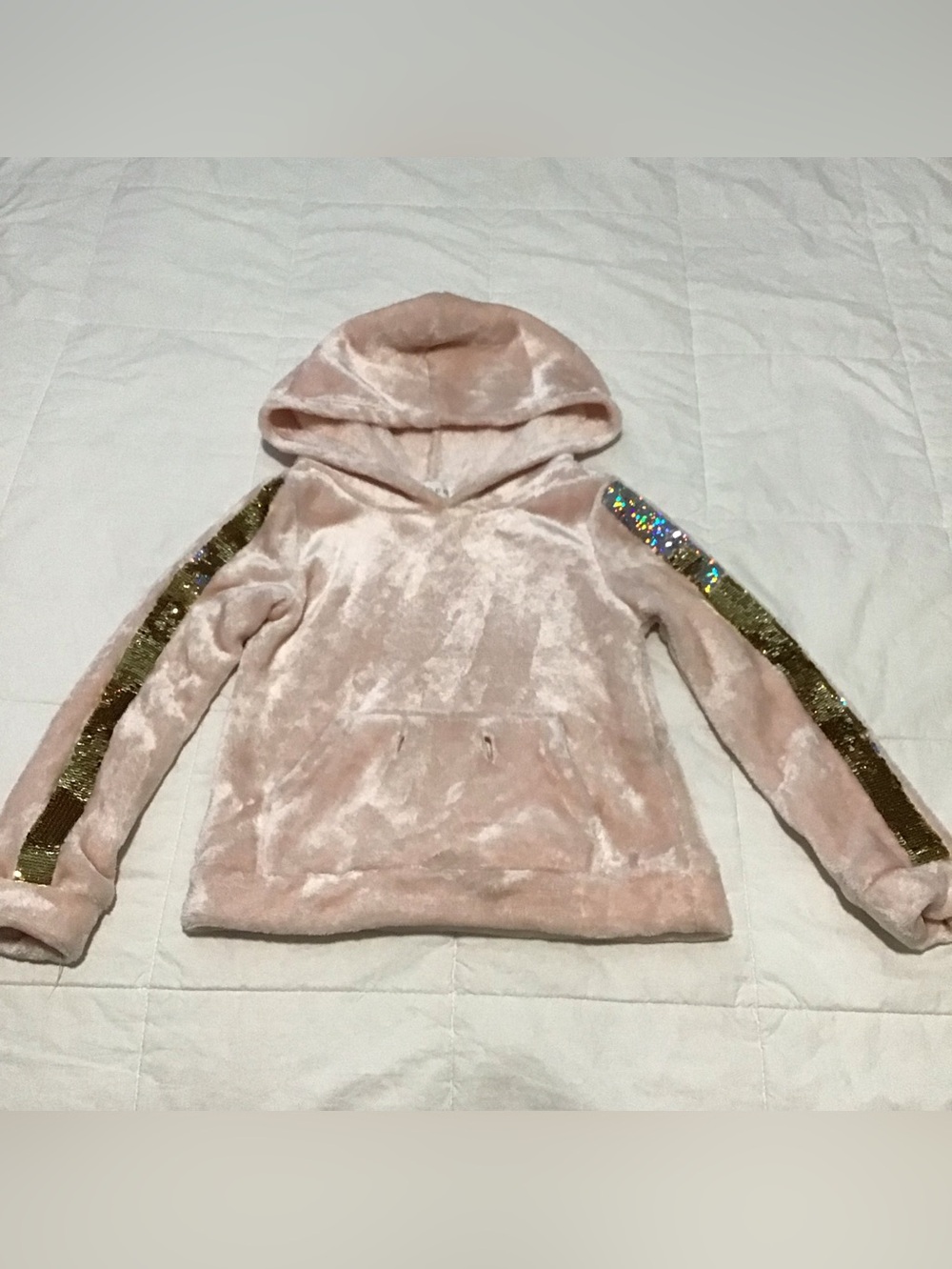 btween Plush Hooded Pullover in Blush Pink with Gold Sequin Sleeve Stripes 4T